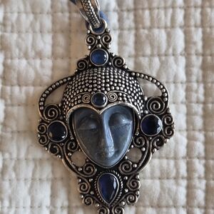 Blue Gemstone Buddha Face Pendant Necklace - Women Jewelry